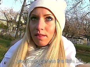 Blonde Eurobabe flashes tits and fucked