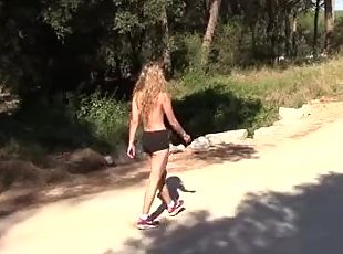 Cute exhibitionist gets embarrassed after being caught by a bike